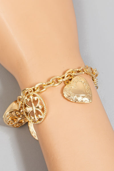 MULTI INTRICATE HEART CHARMS CHAIN BRACELET