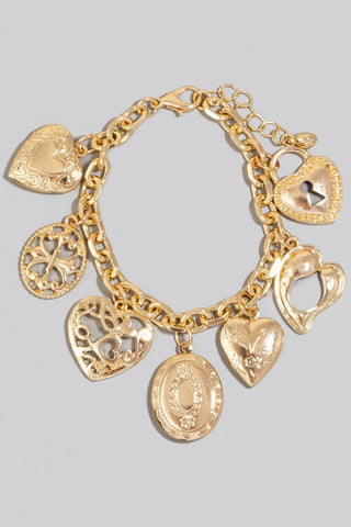 MULTI INTRICATE HEART CHARMS CHAIN BRACELET