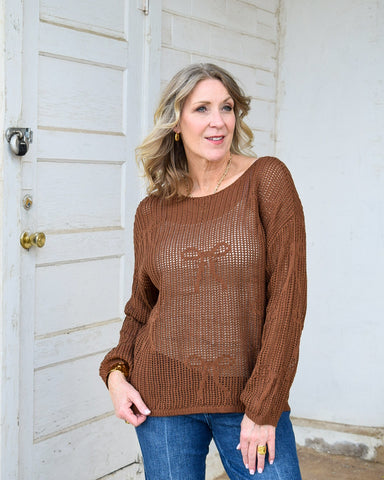 LILIA BOW CROCHET SWEATER - BROWN