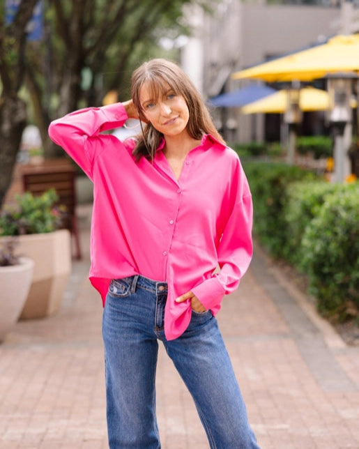 KATHRYN BUTTON DOWN TOP - HOT PINK