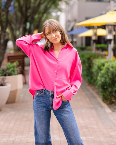 KATHRYN BUTTON DOWN TOP - HOT PINK