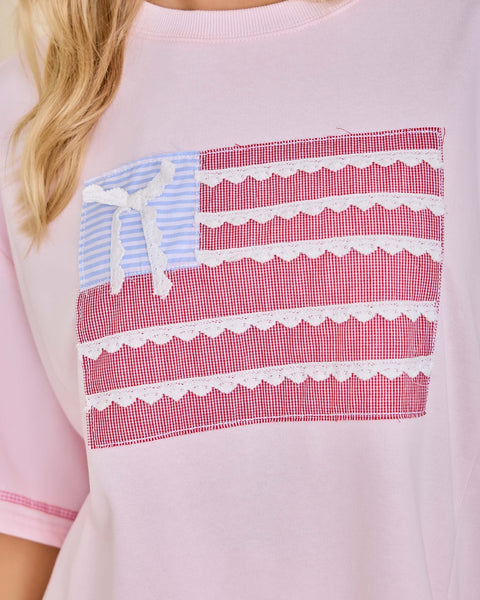PATRIOTIC RIBBON PATCH SHORT SLEEVE BOXY TOP- PINK - Salty Lime Boutique