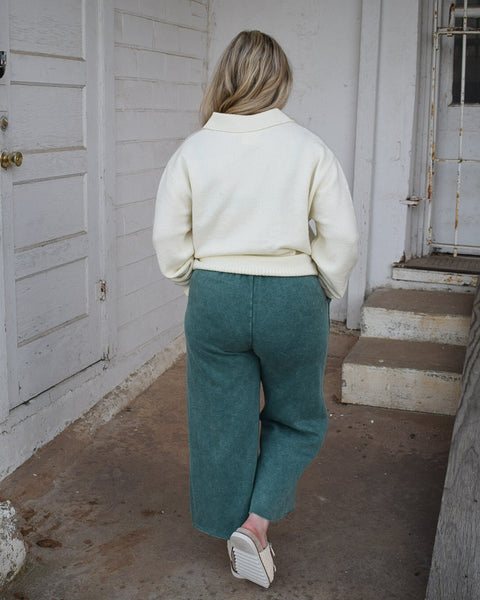 ACID WASH CROPPED FLEECE PALAZZO SWEATPANTS - DK GREEN REG/CURVY