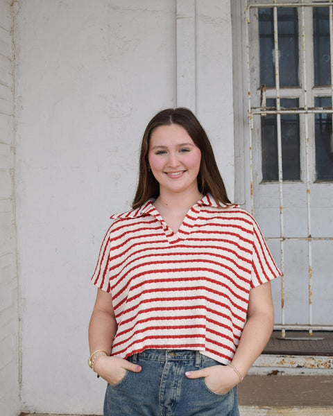 Striped Split Neck Collared Top SI-29235: RUBY - Salty Lime Boutique