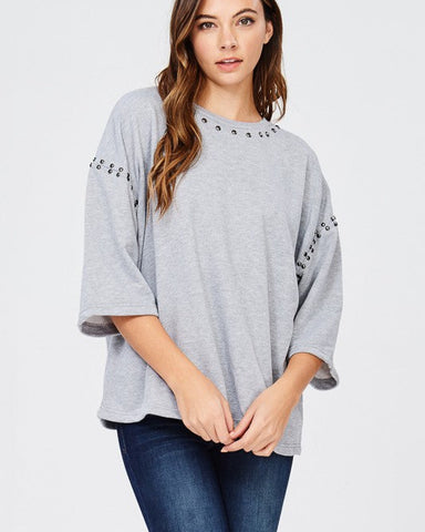 JUST KEEP WATCHING STUDDED SHIRT - HEATHER GREY