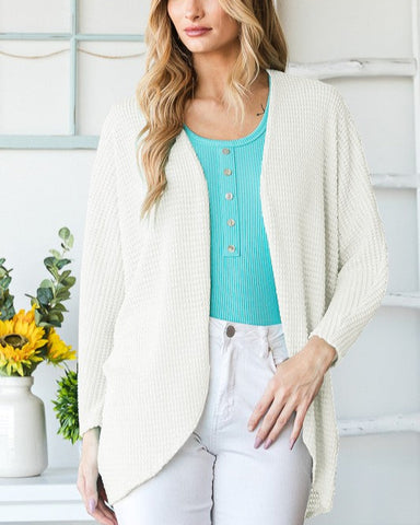 PATTY WAFFLE KNIT OPEN CARDIGAN  - CREAM