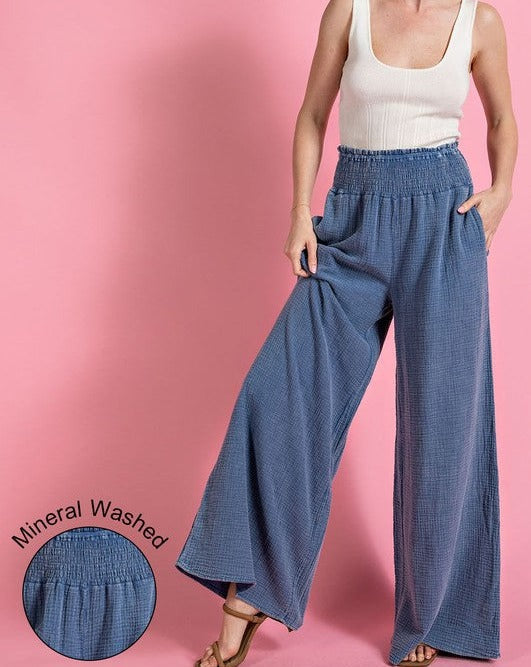 COMIN' HOME TO YOU MINERAL WASHED SMOCKED BOTTOMS - DENIM