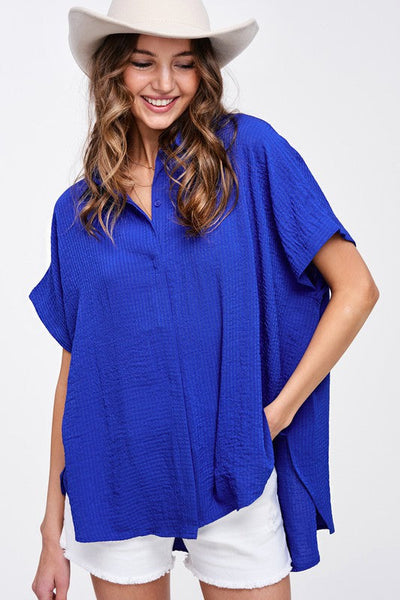 LIKE NO OTHER BUBBLE CREPE TOP - ROYAL