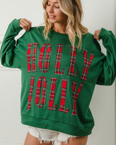 PLAID HOLLY JOLLY CHRISTMAS SWEATSHIRT - DK. GREEN