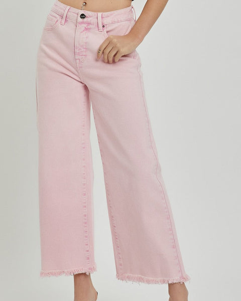 HR TUMMY CONTROL CROP WIDE LEG PANTS BY RISEN - ACID PINK- REG/CURVY