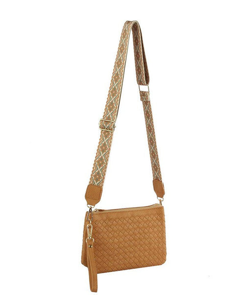 PERFECT LOVE WOVEN CROSSBODY WITH GUITAR STRAP - TAN