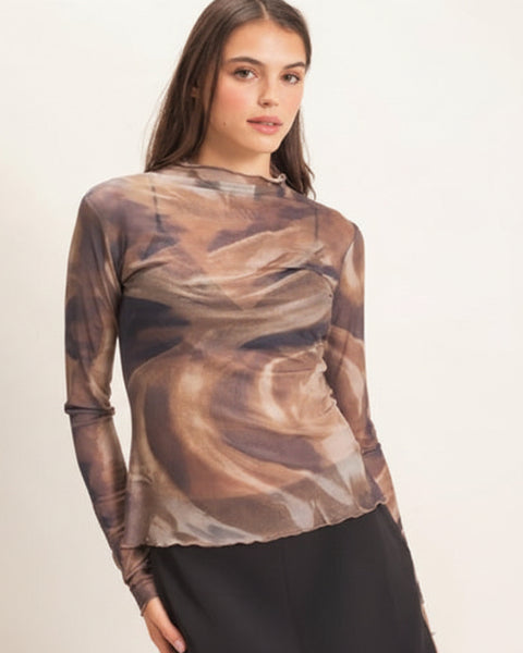 Abstract Mock Neck Mesh Top - Brown