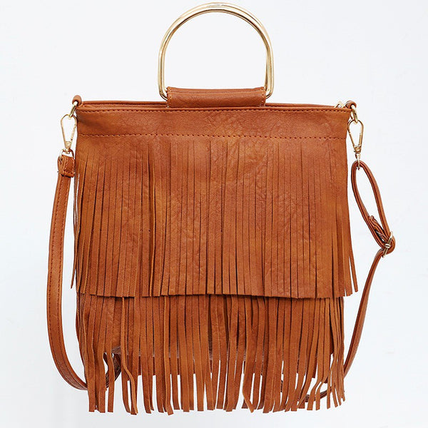 BOHO FRINGE PURSE WITH RING TOTE - COGNAC