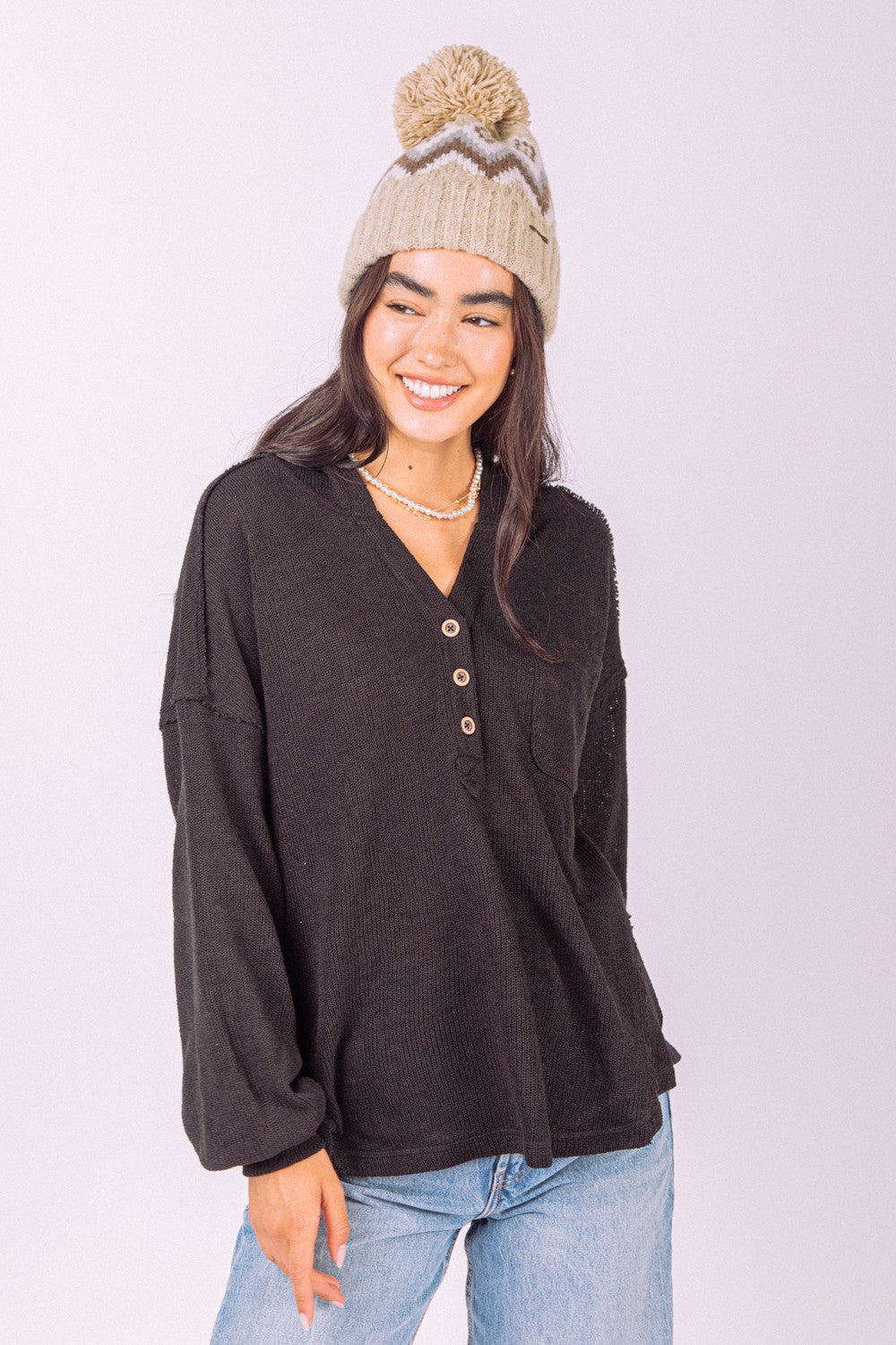 CURVY - HENLEY BUTTON DOWN HOODED KNIT TOP - 2 COLORS