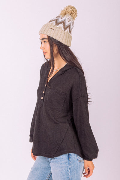 CURVY - HENLEY BUTTON DOWN HOODED KNIT TOP - 2 COLORS