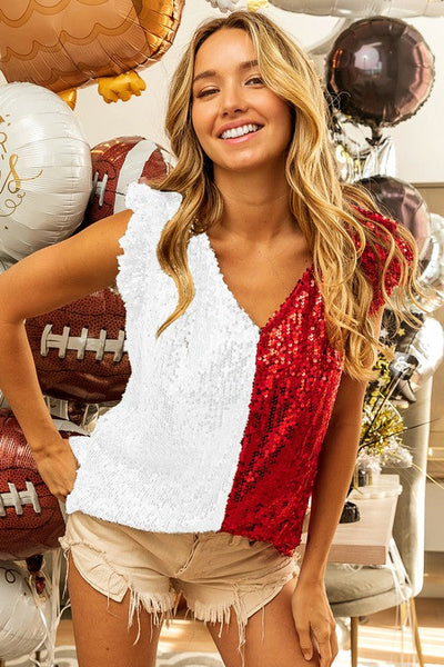 GAME DAY COLOR BLOCK SEQUIN TOP - RED/WHITE