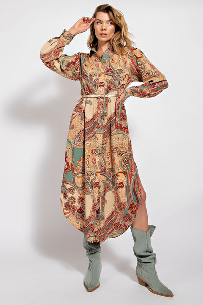 PAISLEY PRINTED  SHIRT DRESS - CURVY