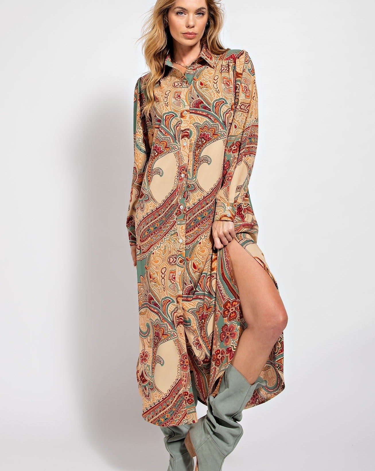 PAISLEY PRINTED  SHIRT DRESS - CURVY