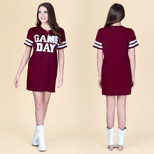 SEQUIN GAME DAY T SHIRT DRESS - MAROON