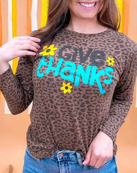 GIVE THANKS LEOPARD GRAPHIC TEE