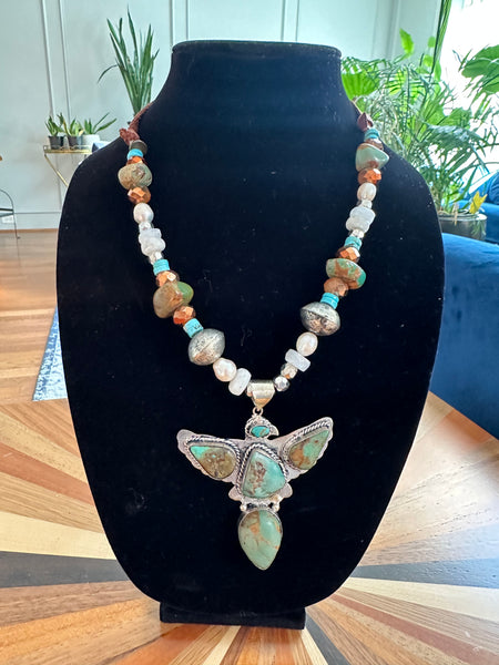 INDIAN EAGLE TURQUOISE NUGGET, PEARL, AND GLASS BEAD NECKLACE - BY A RARE BIRD