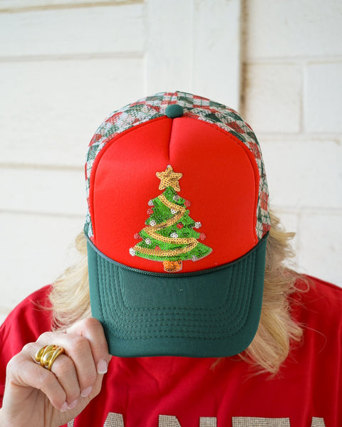 SEQUINS CHRISTMAS TREE TRUCKER HAT -GREEN & RED ARGLYE