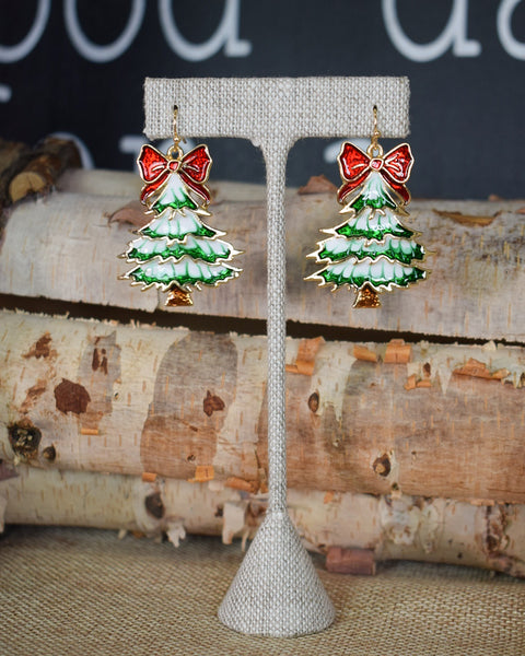 CHRISTMAS TREE WITH BOW EARRINGS - GREEN