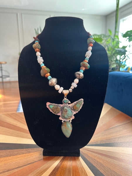 INDIAN EAGLE TURQUOISE NUGGET, PEARL, AND GLASS BEAD NECKLACE - BY A RARE BIRD