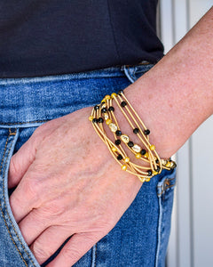 METAL COIL MULTI STRAND BEAD STRETCH BRACELET - MUSTARD/BLACK