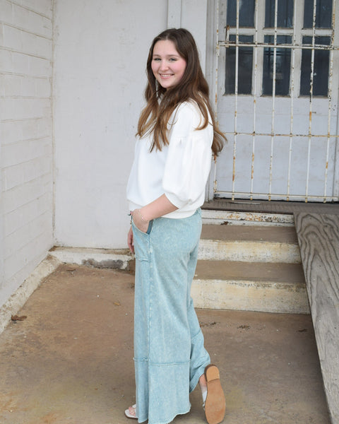 `.Acid wash French terry Pants w/ pockets: ASH BLUE-180175 / S - Salty Lime Boutique