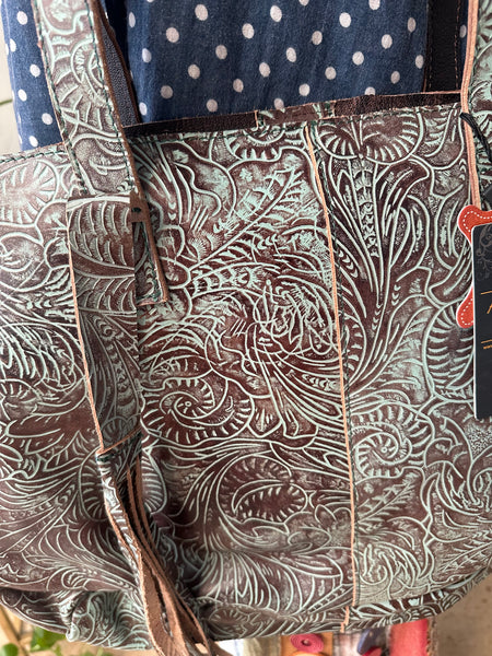 Embossed Western Leather Tote - Turquoise
