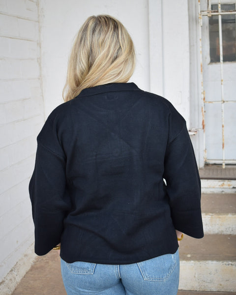 PEARL ACCENT POLO SWEATER- BLACK