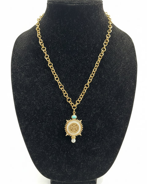 Wax Seal Pendant Necklace With Pearl and Turquiose