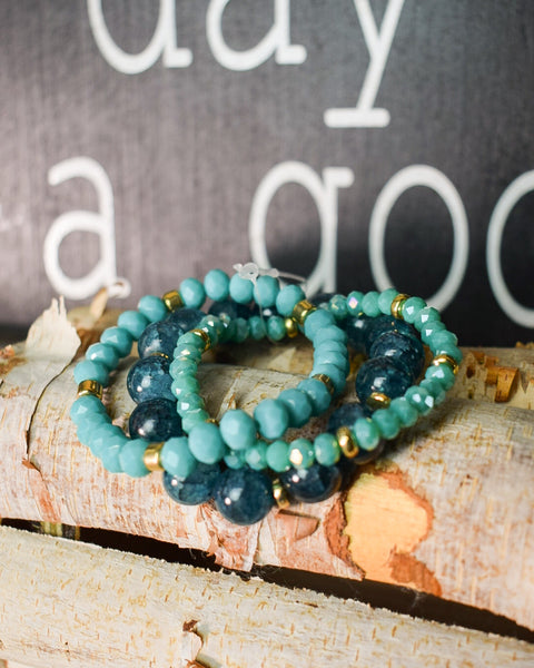 TURQUOISE GLASS BEAD STRETCHY BRACELETS - SET OF 3