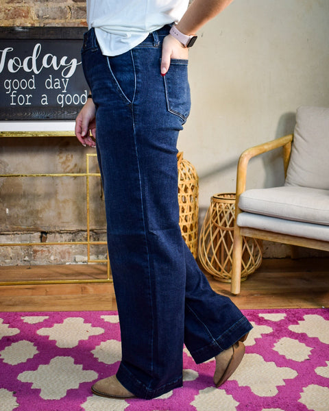 HW DOUBLE BUTTON WIDE LEG BY JUDY BLUE - DK DENIM - REG/CURVY