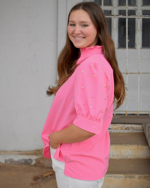 Penelope Pink Pearl Puff Sleeve Top