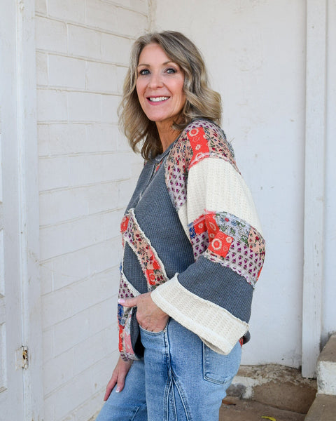 PEACE SIGN PATCHWORK TOP BY POL - CHARCOAL