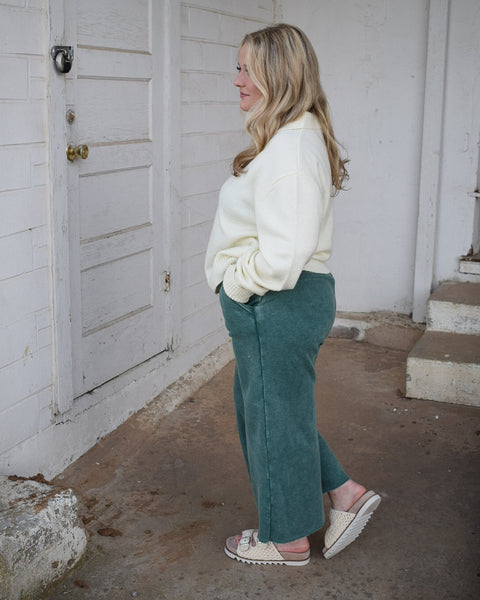 ACID WASH CROPPED FLEECE PALAZZO SWEATPANTS - DK GREEN REG/CURVY