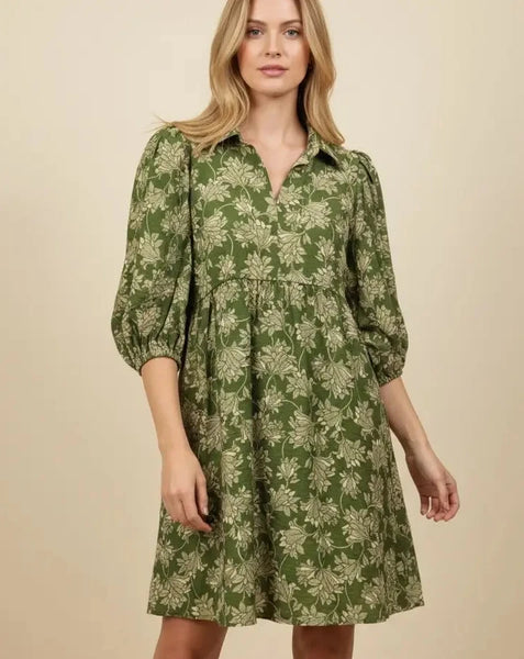 HD50081 Botanical Puff Sleeve Babydoll Mini Shirt Dress - Salty Lime Boutique