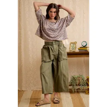 Washed Cotton Oversized Pockets Wide Cargo Pants - Olive - Salty Lime Boutique