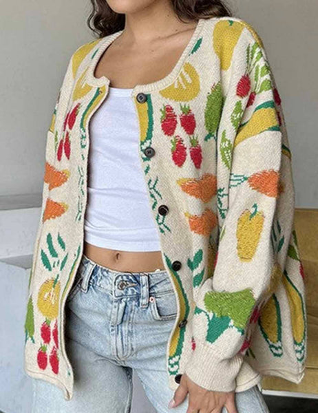 VEGGIE GARDEN JACQUARD BUTTONED CARDIGAN - CREAM - REG/CURVY