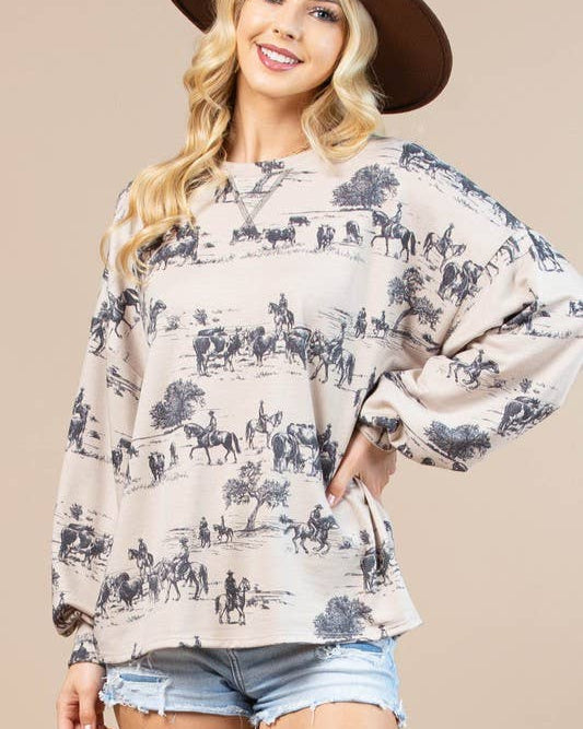 HAILEY WESTERN PRINT SWEATSHIRT - KHAKI/CHARCOAL