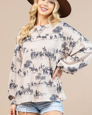 HAILEY WESTERN PRINT SWEATSHIRT - KHAKI/CHARCOAL