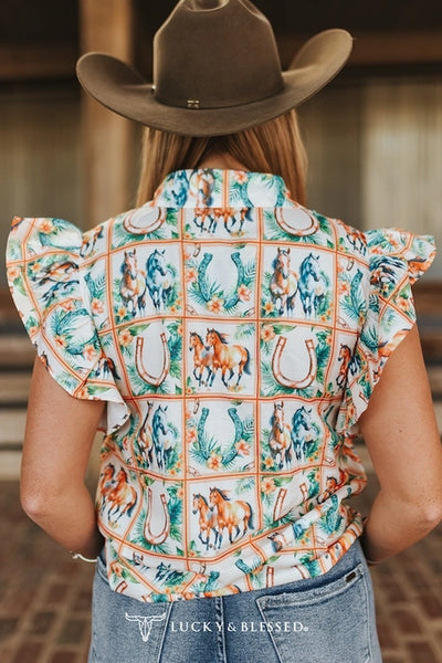 Horse Printed Collared Button Down Ruffle Short Sleeve Top - Salty Lime Boutique