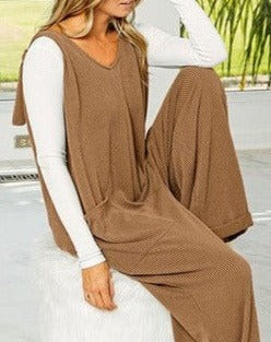 ELLIE CURLY RIB KNIT OVERALLS - BROWN