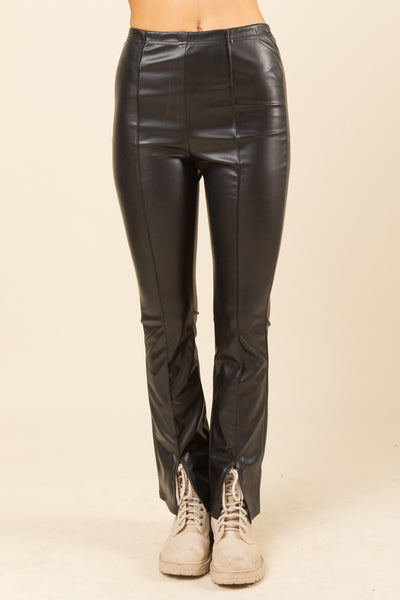 HW FLARED FAUX LEATHER PANTS - BLACK