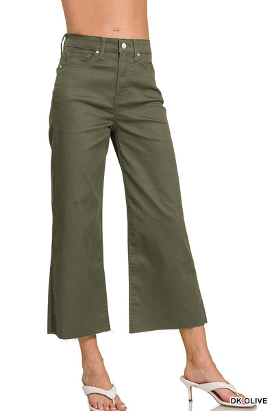 HR FLARE CROPPED COLOR DENIM PANTS - DK OLIVE.