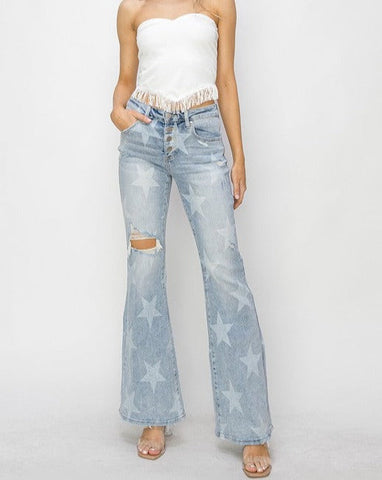 MR BUTTON DOWN WITH STAR PRINT FLARE JEAN BY RISEN