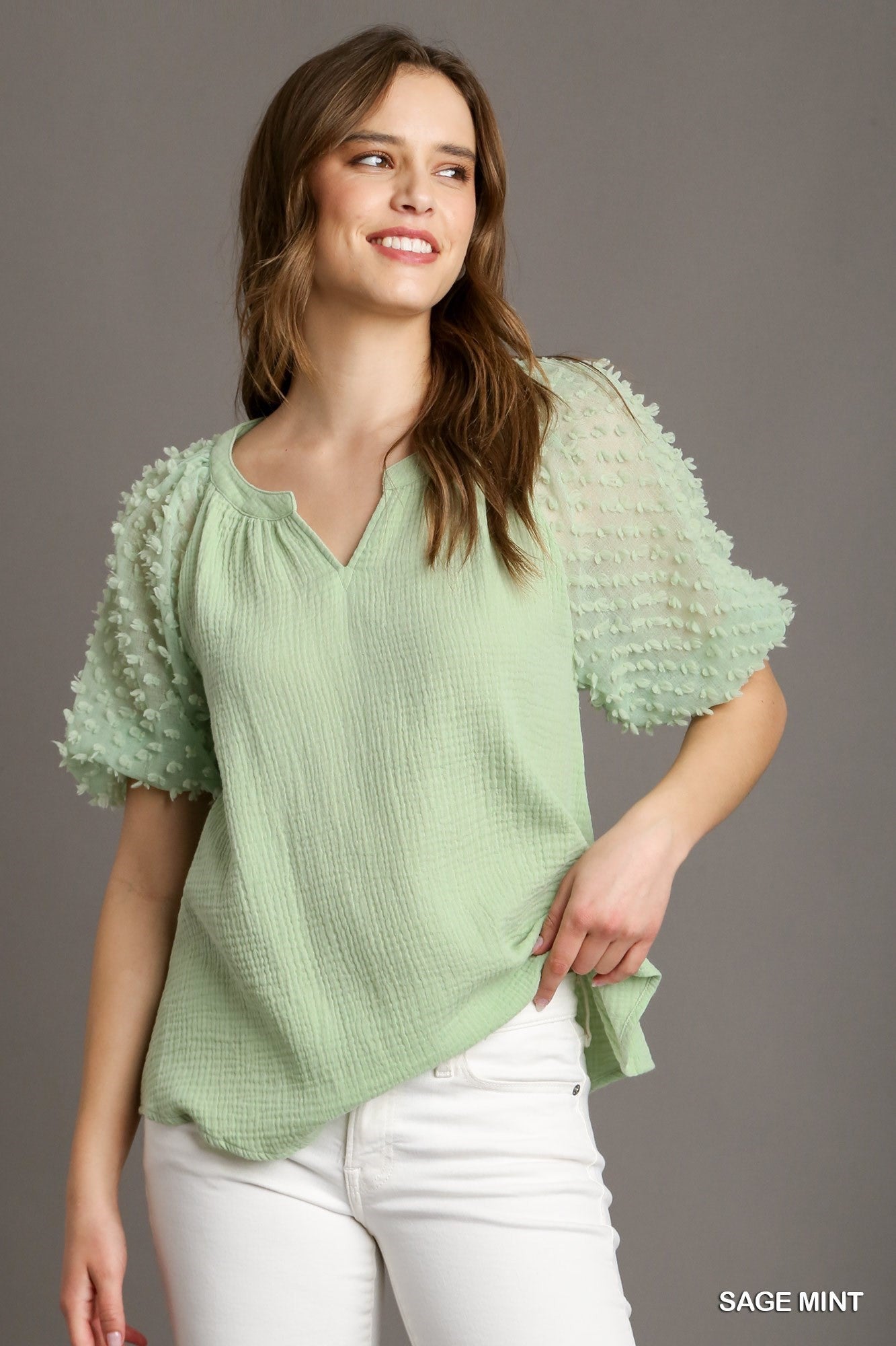 CAMILLA CUFFED PUFF SLEEVE TOP BY UMGEE - SAGE MINT