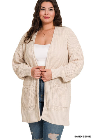 CURVY - WAFFLE OPEN CARDIGAN SWEATER - SAND BIEGE